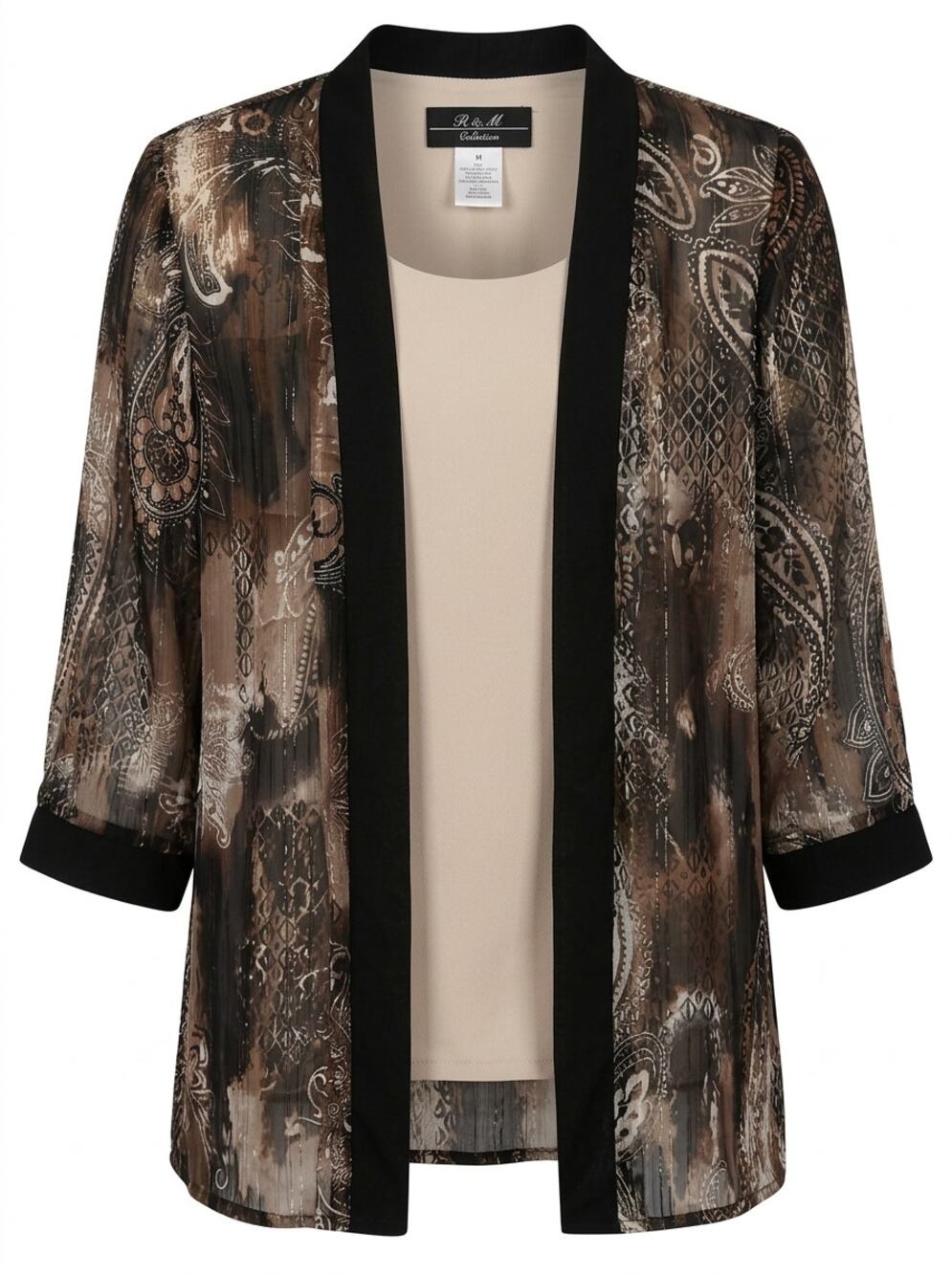 R & M Collection Paisley Mock 2-Piece Jacket Blouse Top Brown Women Size 12